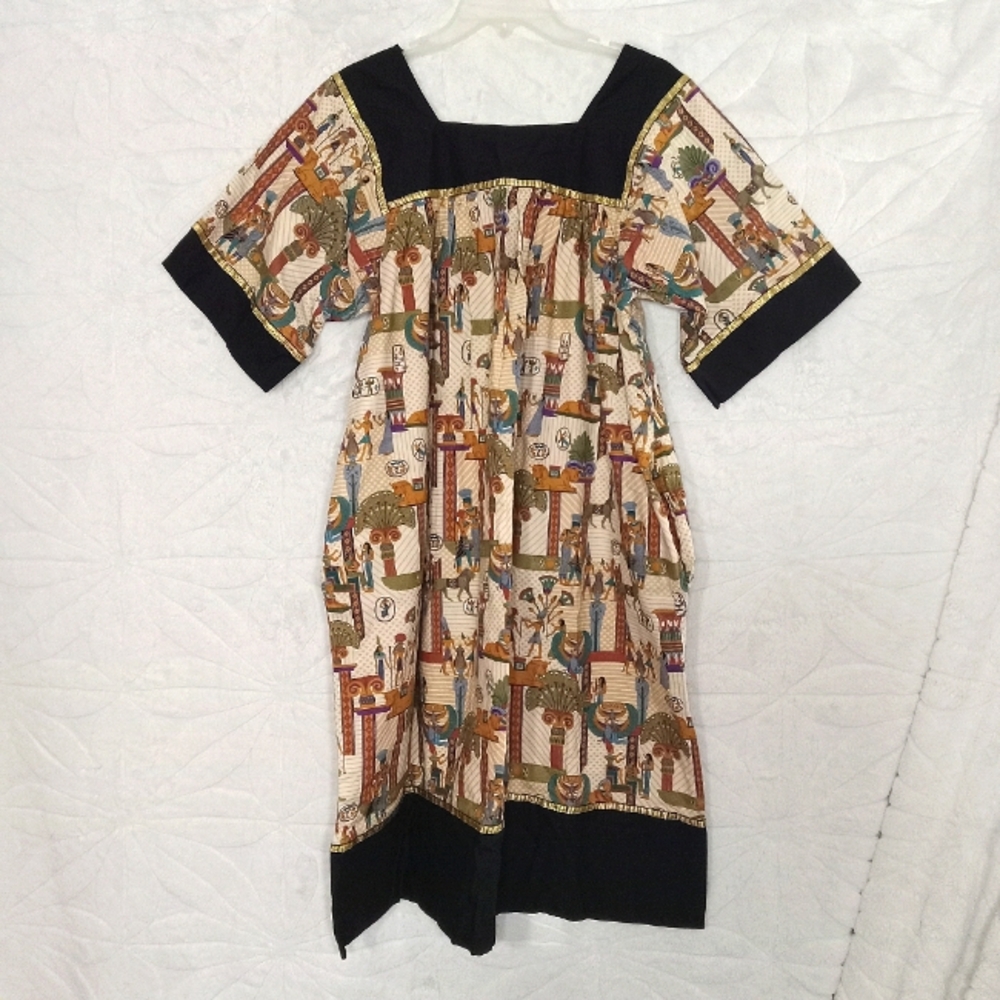 VINTAGE KRIST GUDNASON DRESS EGYPTIAN PATTERN GOLD TRIM MADE IN USA 100% COTTON